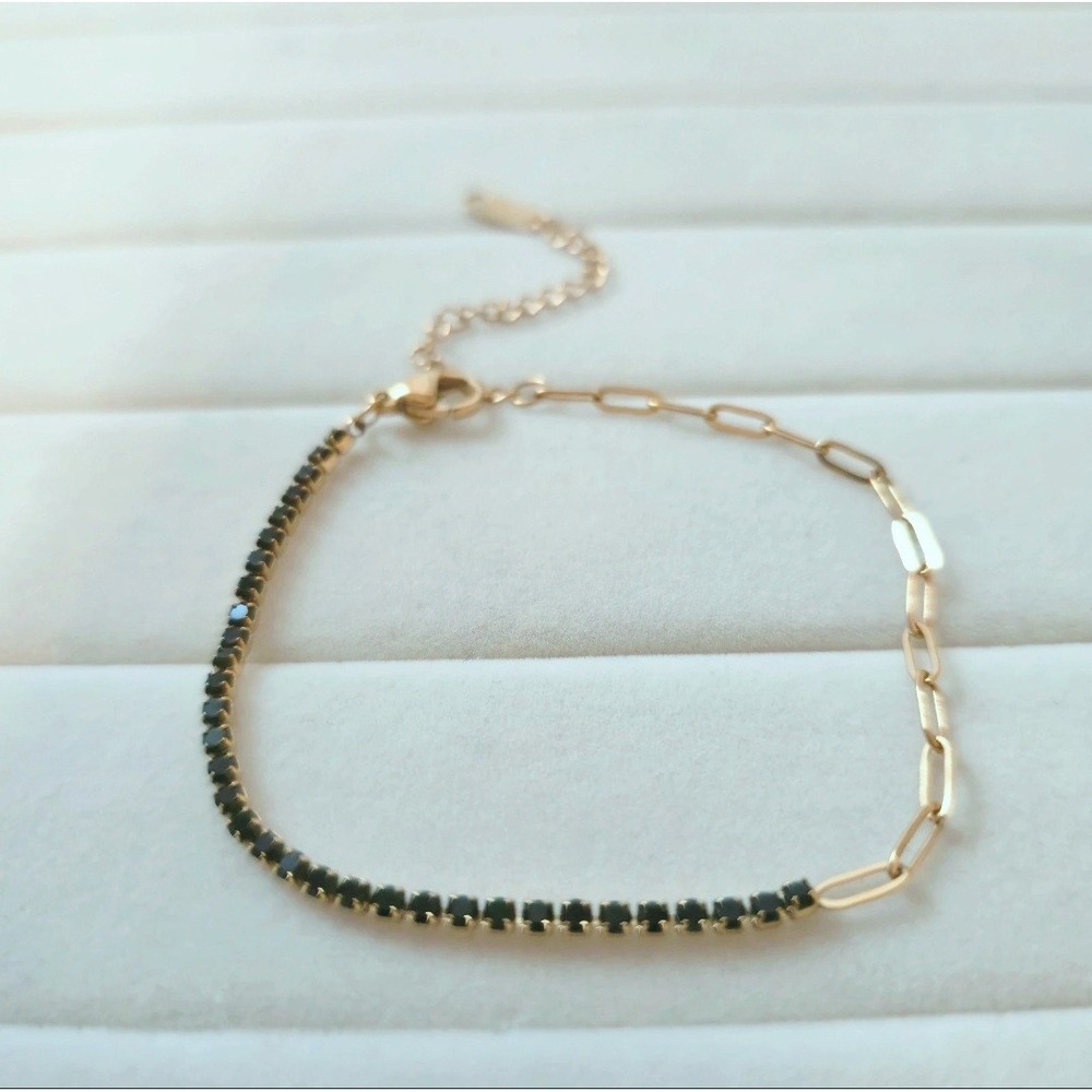 Gold Plated Dark Emerald Green CZ Paperclip Tennis Bracelet Stainless Steel 8 In